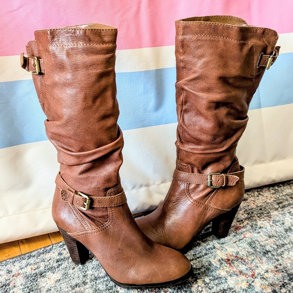 Guess Magy Brown Leather Scrunch Boots Buckled Heeled Western Rustic Fall Y2K 8